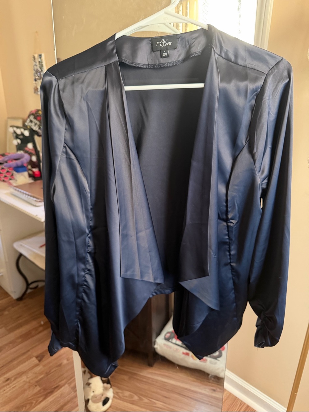 Milk & Honey Navy Satin Open Drape Blazer